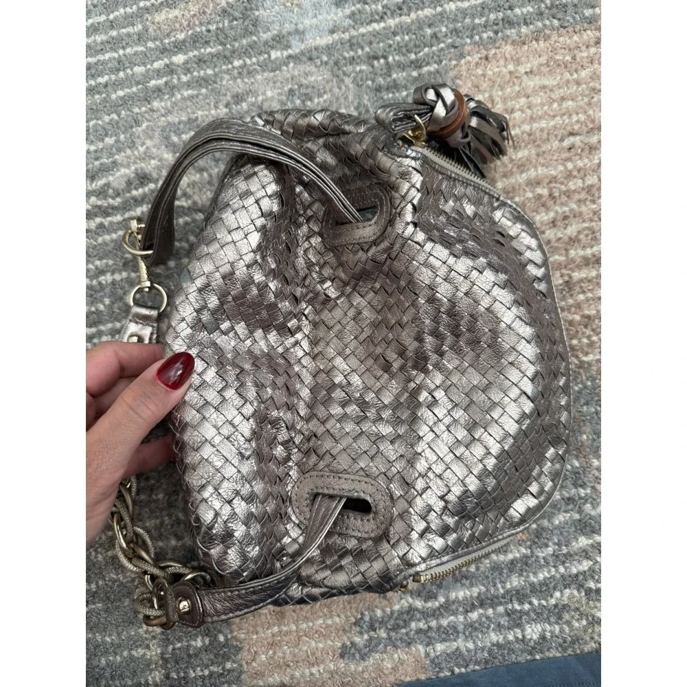 Elliott Lucca Pewter Woven Leather Shoulder Bag Metallic Y2K Tassel